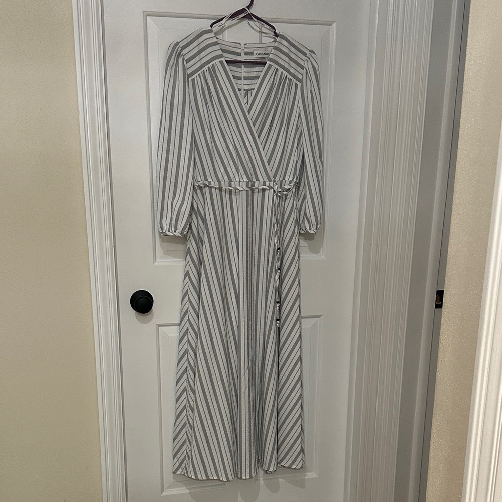 Calvin Klein Striped Wrap Maxi Dress in White and Gray Pinstripes
